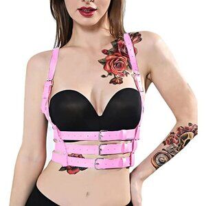 Pink Leather Waist Shoulder Harness Garter Belt Waistband Slave Fetish Bondage